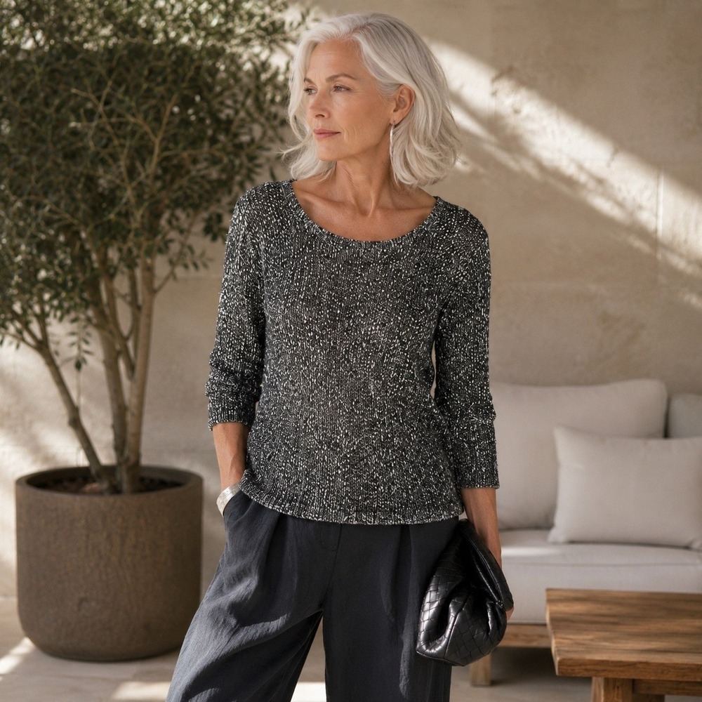 EILEEN FISHER Metallic Karma Sweater M Linen Blend Ash Gray Silver Shimmer Knit